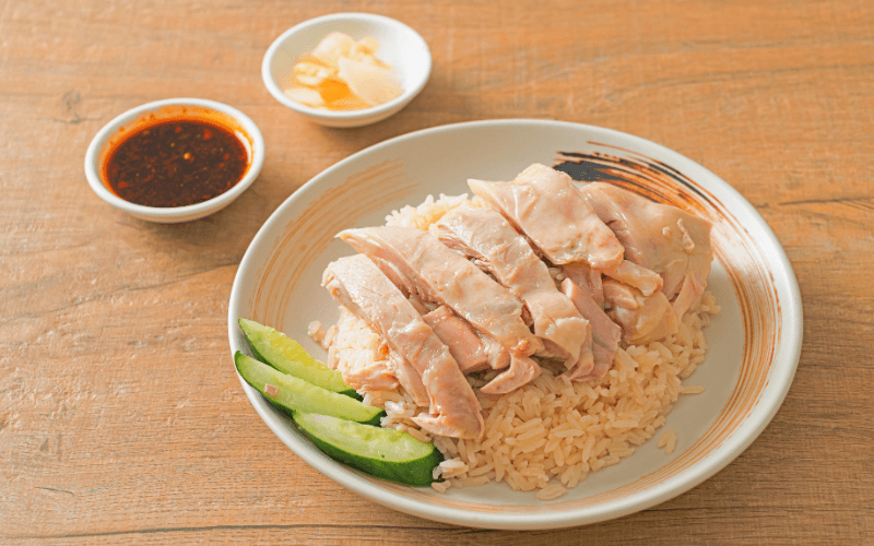 Image of Hainanese Chicken Rice platter on a table