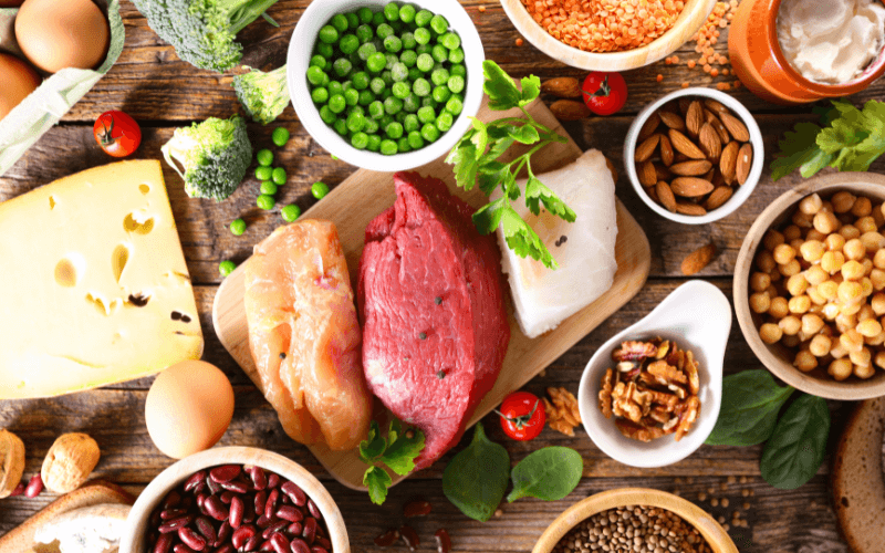 An image of fresh vegetables and proteins