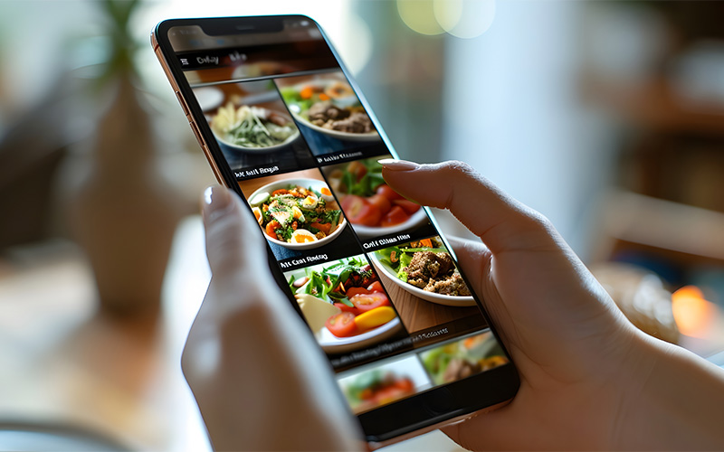 A person browsing diverse international food on a phone