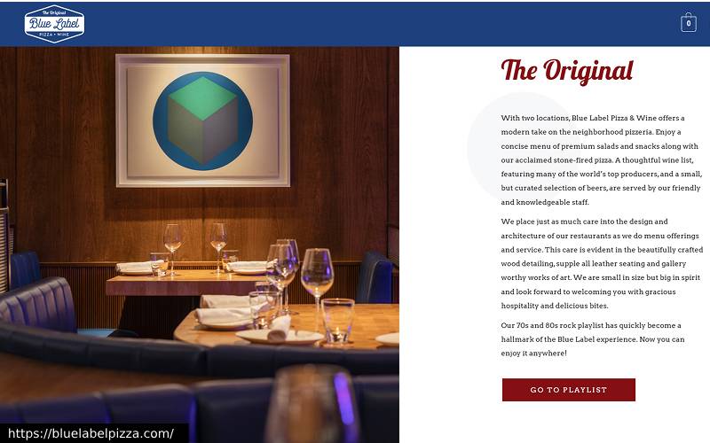 A screenshot of Blue Label Pizza & Wine’s website