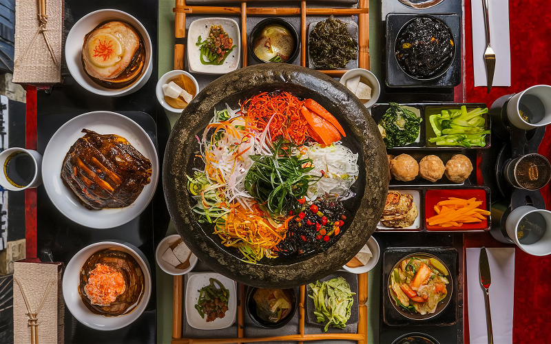 Image of a table filled with Korean food
