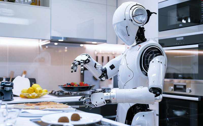 A stock photo of robotic arms preparing a food