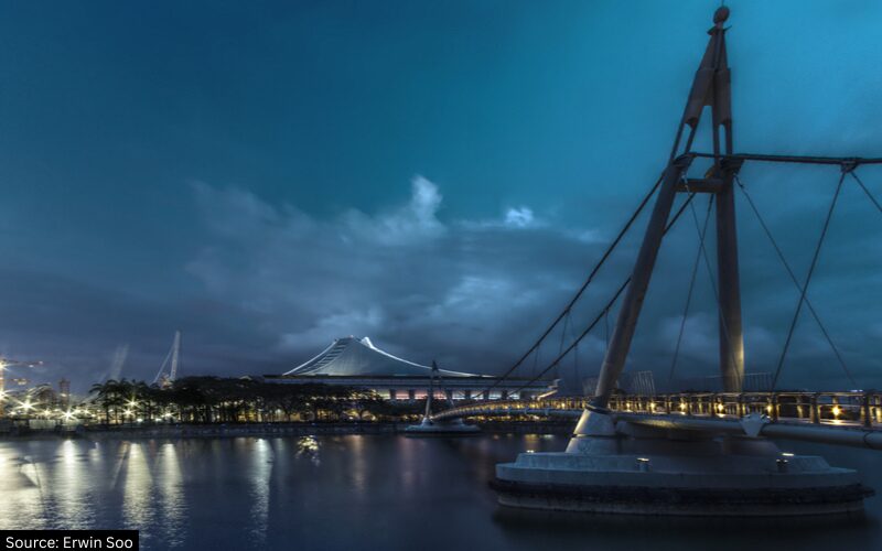 Kallang Theatre Redevelopment: Technological Upgrades and Highlights An image Kallang Indoor Stadium across the bridge