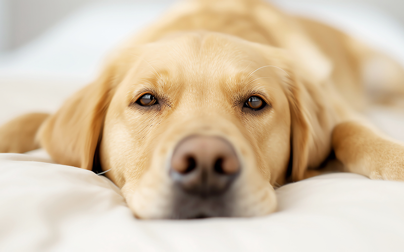 A close-up of a calm dog