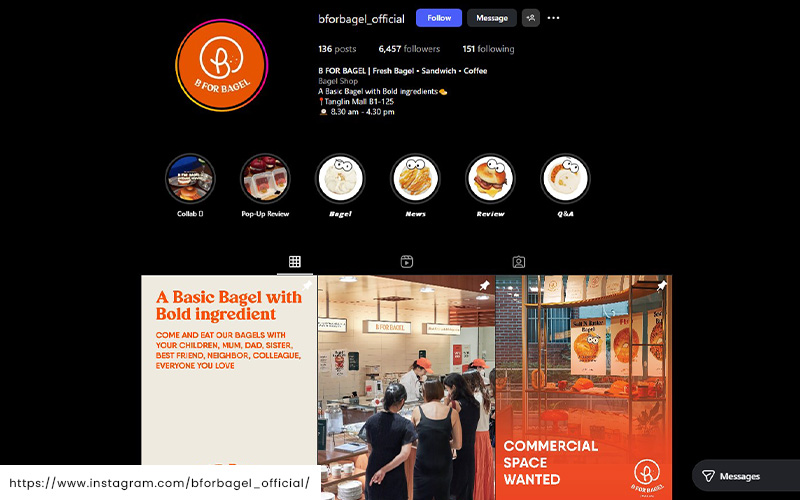 A screenshot of the Instagram page of B FOR BAGEL