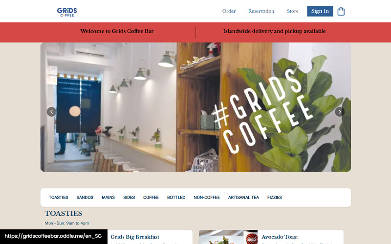 A screenshot of the website of Grids Coffee Bar