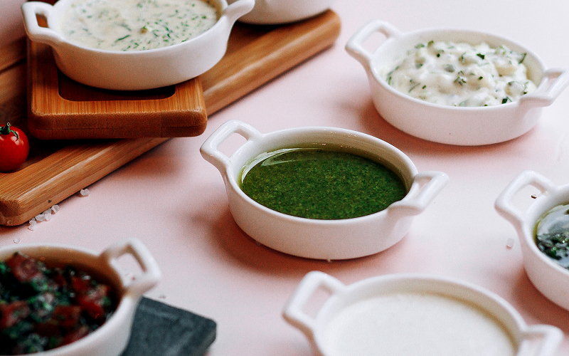 An array of sauces in Singaporean cuisine