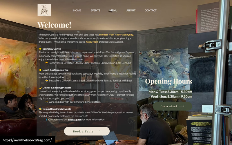 A screenshot of the website of The Book Cafe